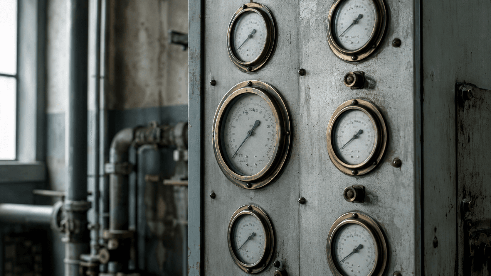 Painel de controle analógico em estação de tratamento de efluentes — manômetros, válvulas e indicadores de processo em operação. Região Serrana RJ.